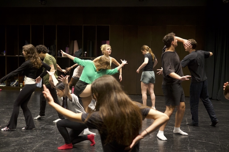 Group of Tisch Summer High School Drama students posed in various formations  during a drama studio class